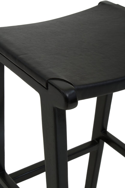 Nepal Black Leather and Teak Barstool