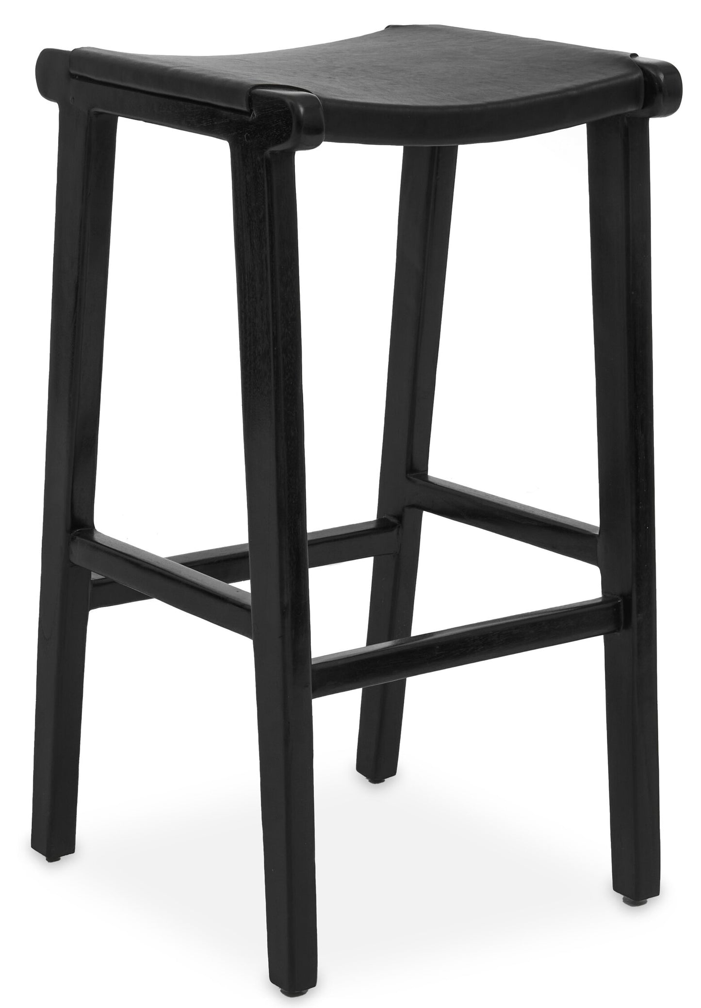 Nepal Black Leather and Teak Barstool