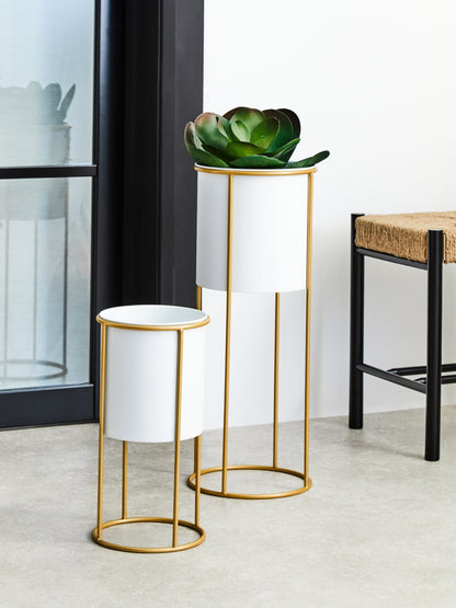 Boston Small White and Gold Floor Standing Planter