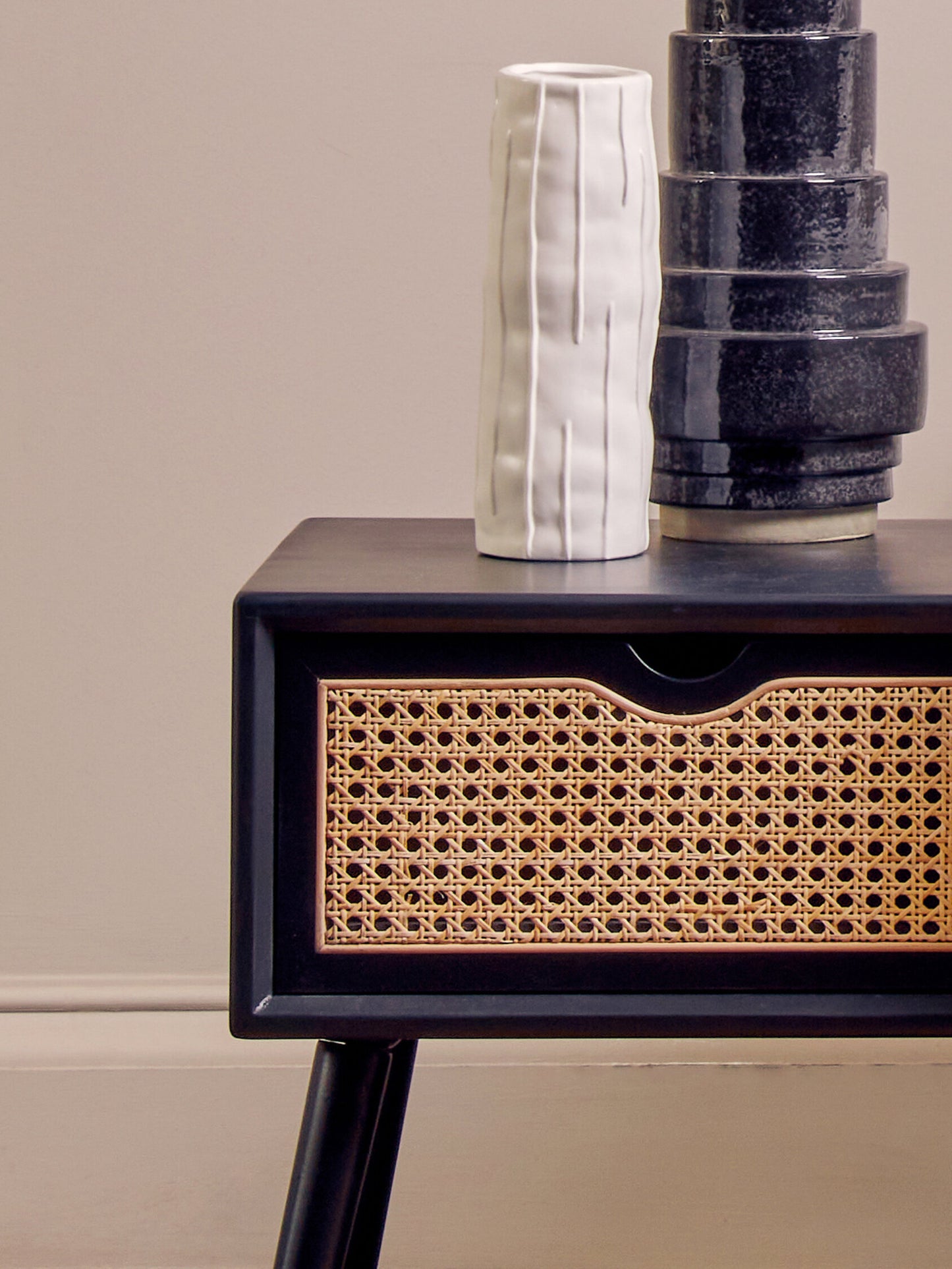 Fiji Black Side Table with Rattan Drawer