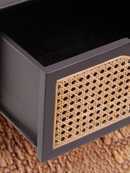 Fiji Black Side Table with Rattan Drawer