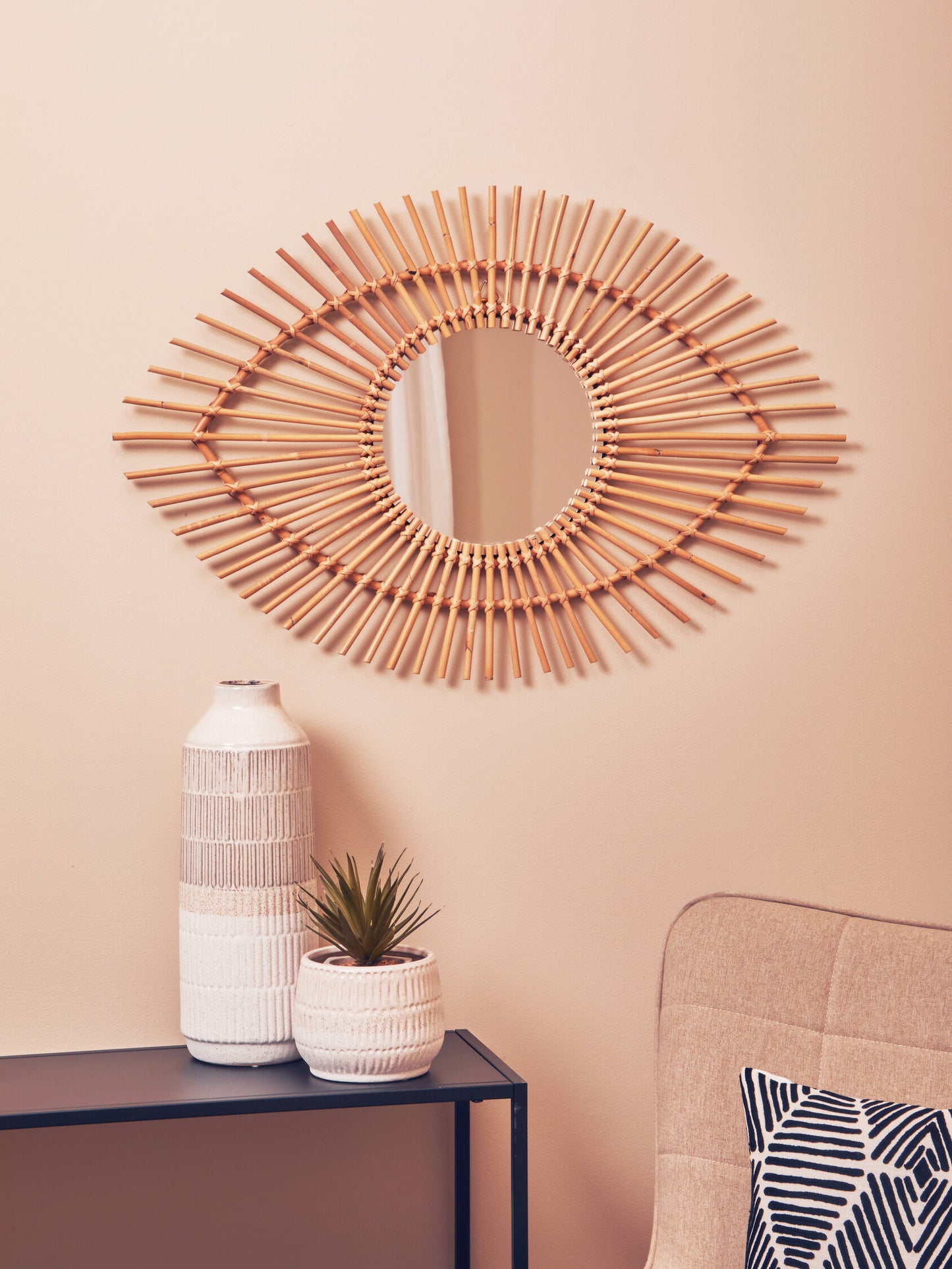 India Natural Rattan Eye Shape Wall Mirror