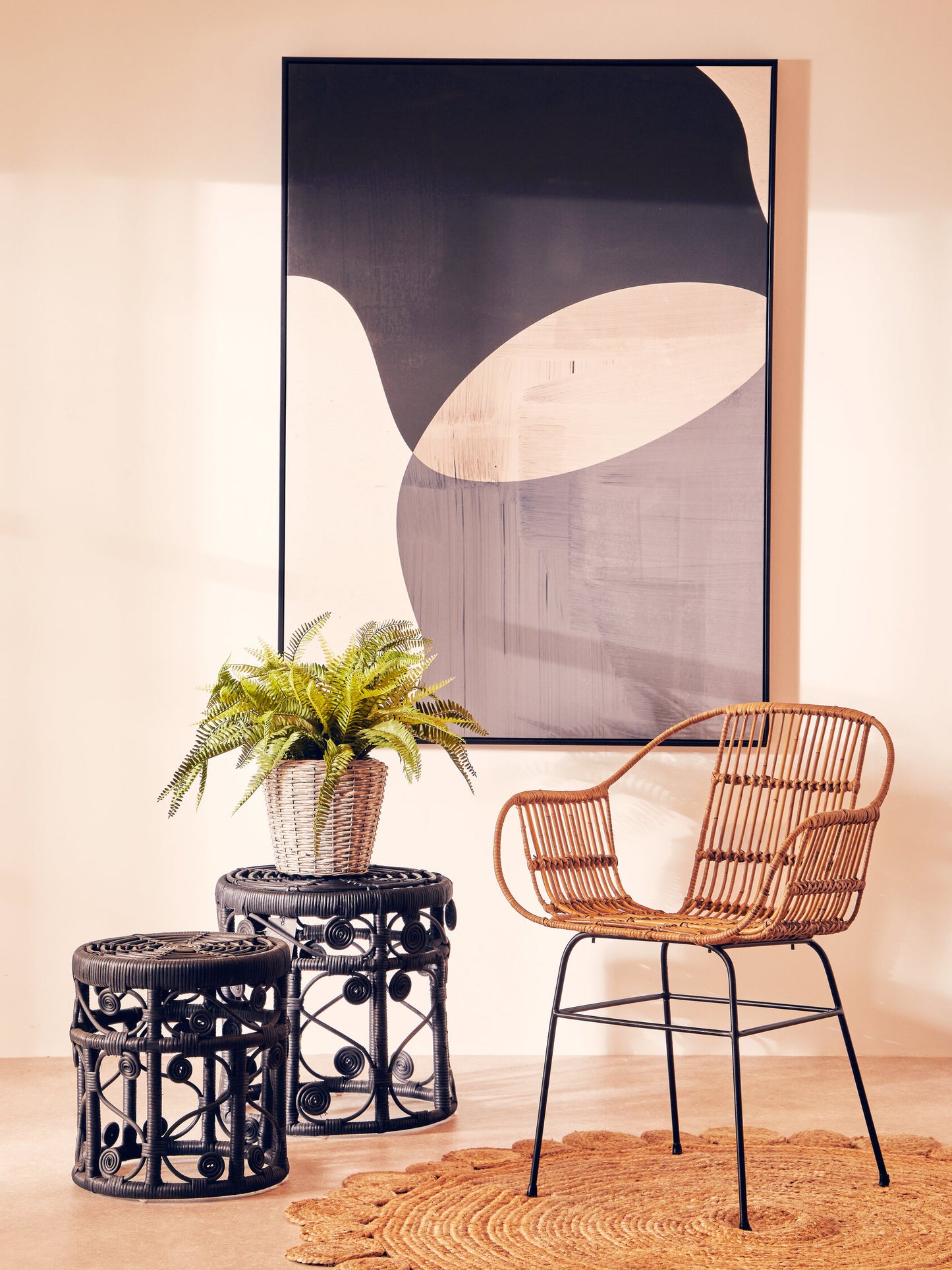 India Set of 2 Black Rattan Boho Side Tables