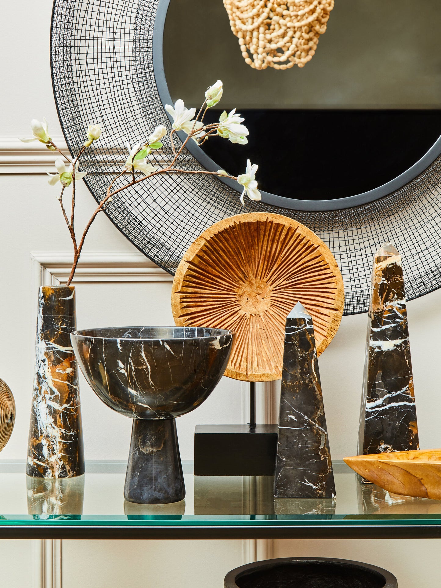 Luxe Decor Large Carved Mango Wood Disc Sculpture on Stand