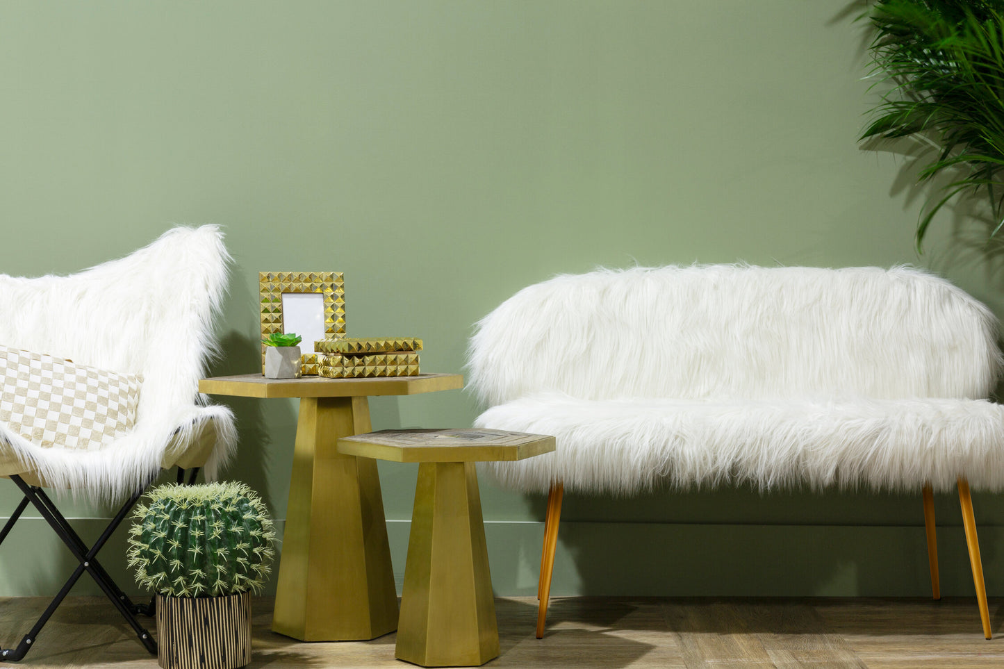 Angelina White Faux Fur 2 Seat Sofa With Gold Finish Legs