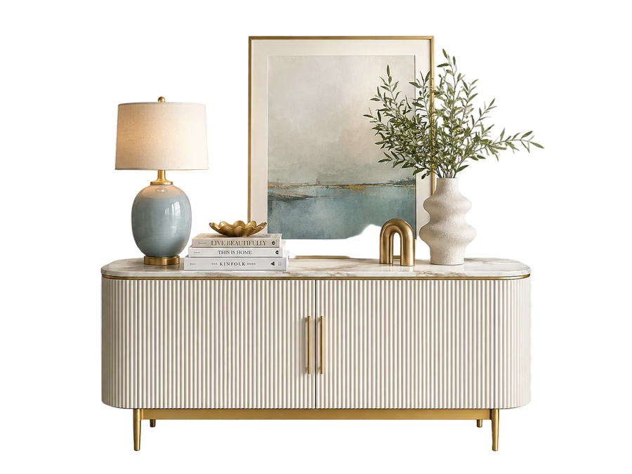 Decorative dining room sideboard table with lamp, books, and vase on a white background