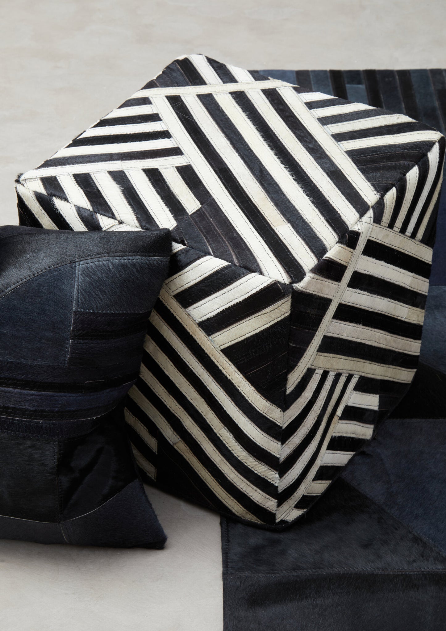 Africana Black White Striped Leather Pouffe