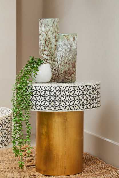 Lana Bone Inlay Round Side Table with Gold Base