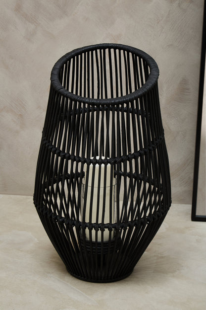 India Large Black Natural Rattan Lantern Candle Holder