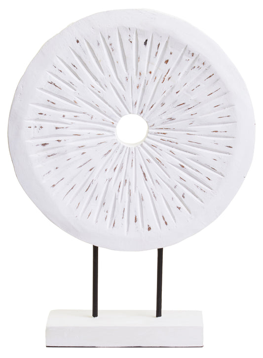 Luxe Decor Large Distressed White Carved Wood Round Sculpture
