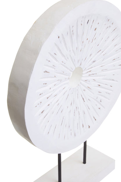 Luxe Decor Large Distressed White Carved Wood Round Sculpture
