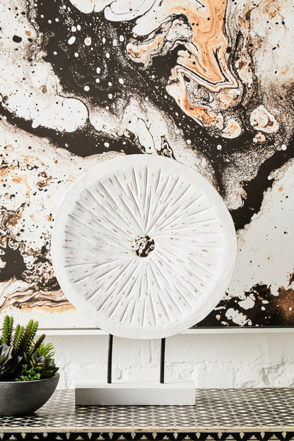Luxe Decor Large Distressed White Carved Wood Round Sculpture