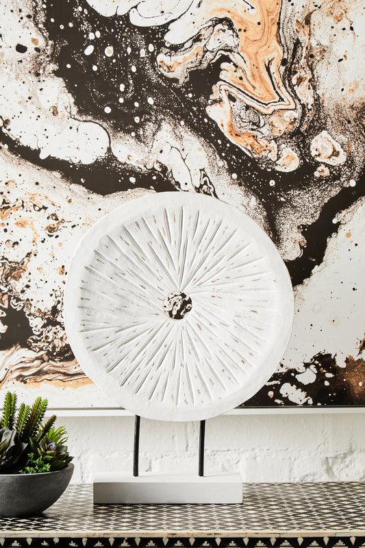 Luxe Decor Large Distressed White Carved Wood Round Sculpture
