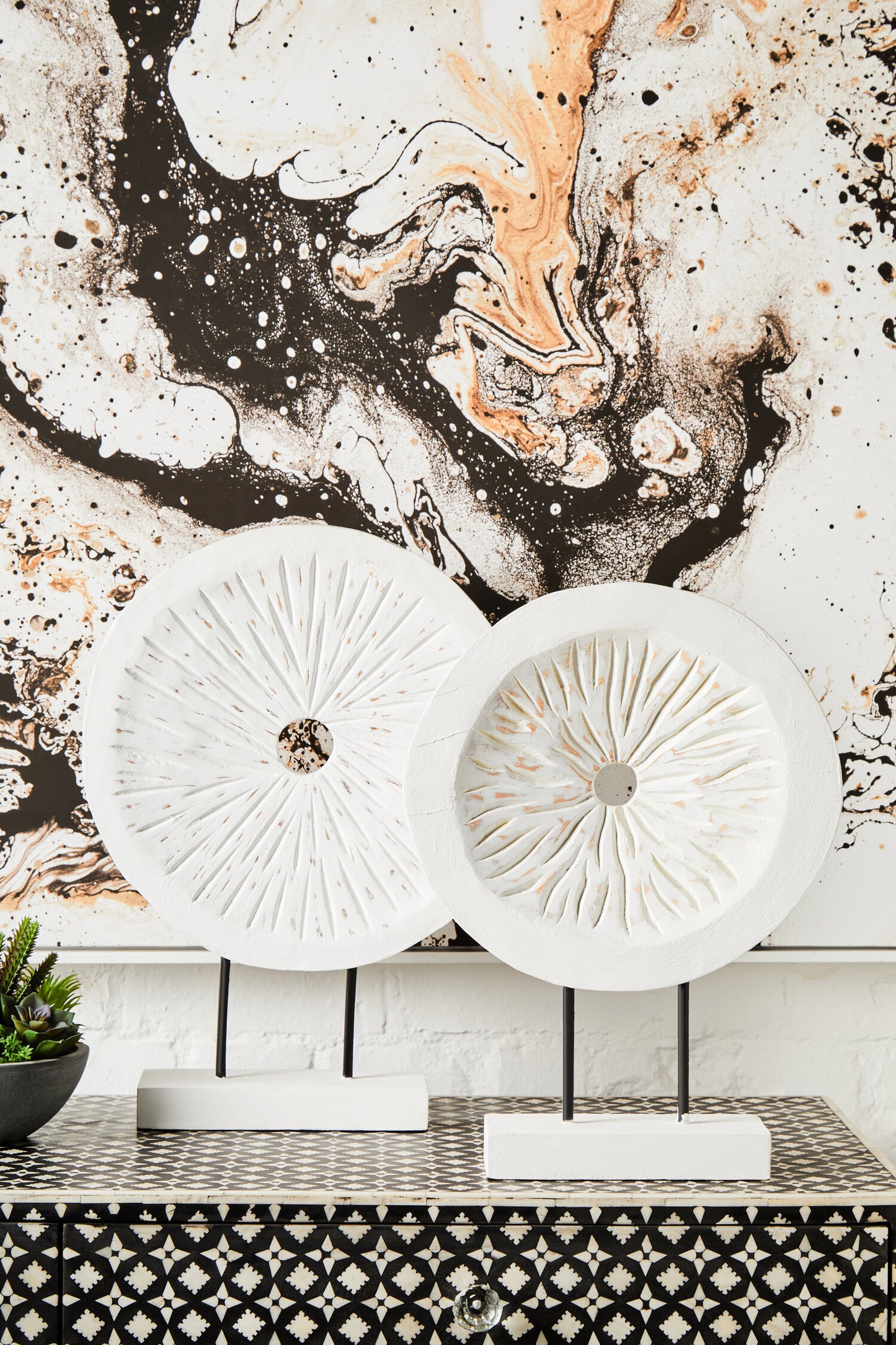 Luxe Decor Large Distressed White Carved Wood Round Sculpture