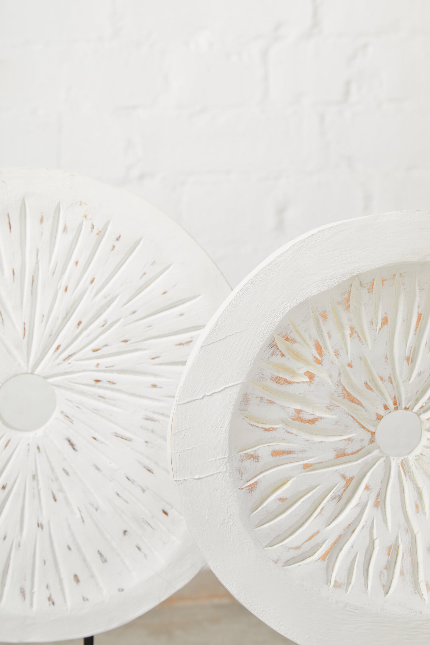 Luxe Decor Large Distressed White Carved Wood Round Sculpture