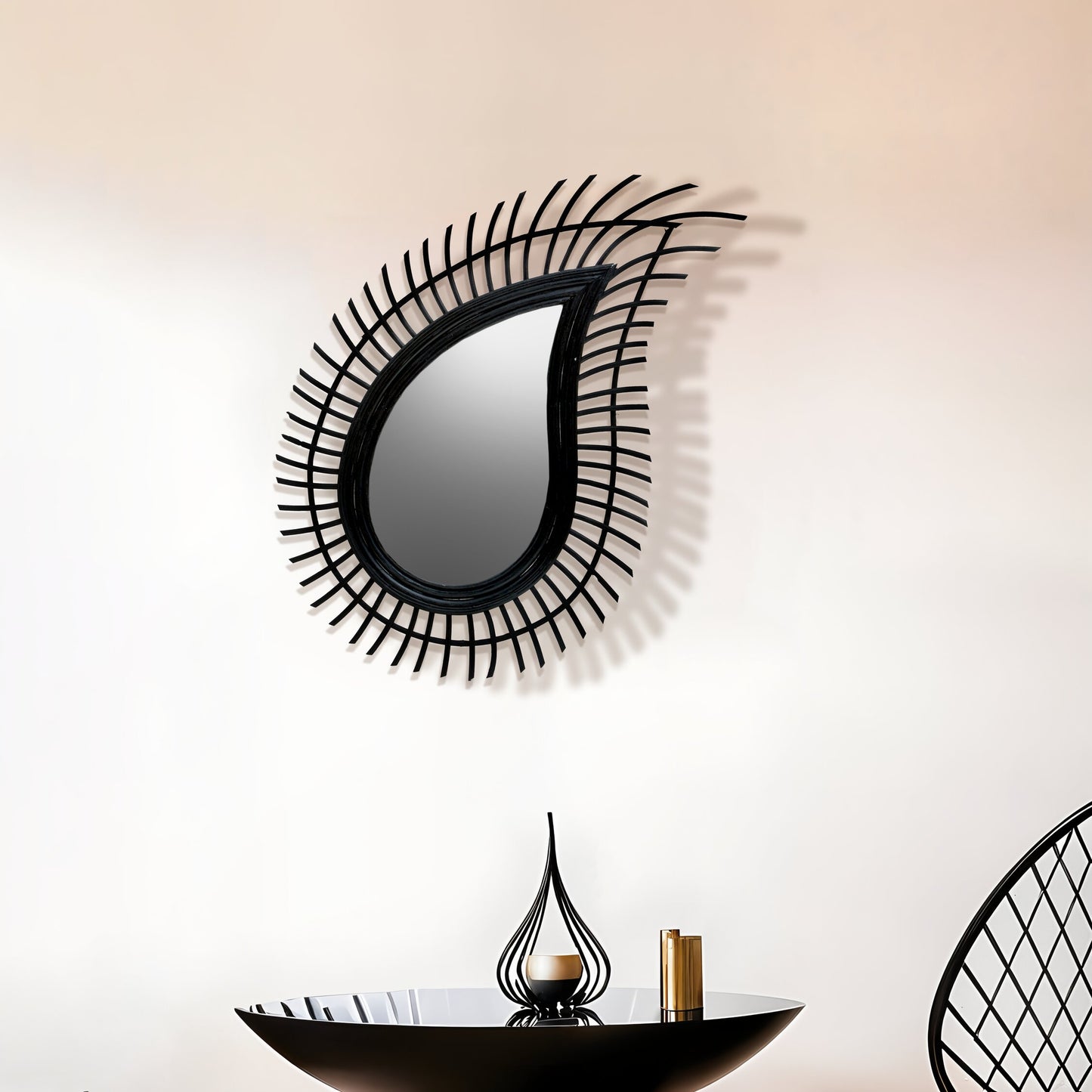 India Teardrop Black Natural Rattan Wall Mirror