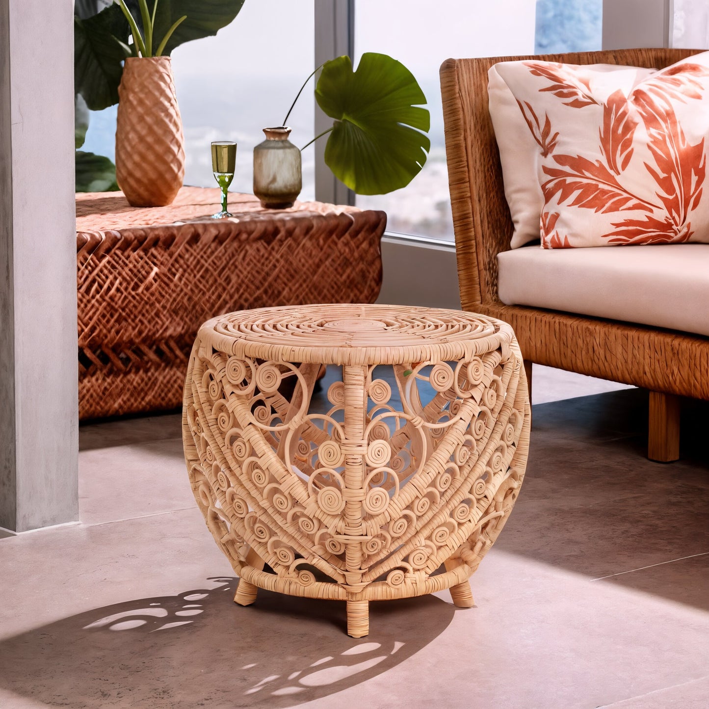 India Large Natural Rattan Boho Side Table
