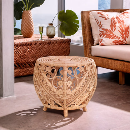 India Large Natural Rattan Boho Side Table