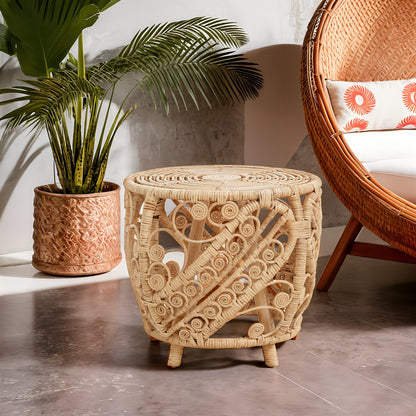 India Large Natural Rattan Boho Side Table