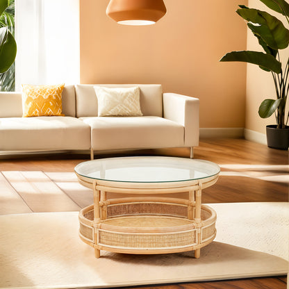 India Rattan Coffee Table With Glass Top