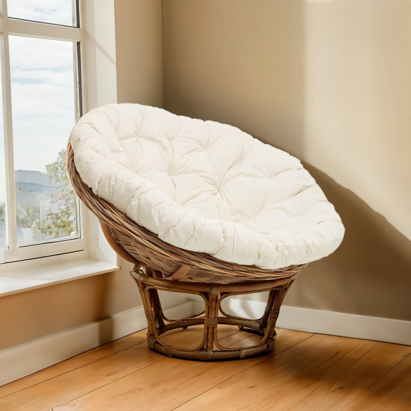 Koh Lanta Round Kubu Rattan Papasan Chair with Cream Cushion