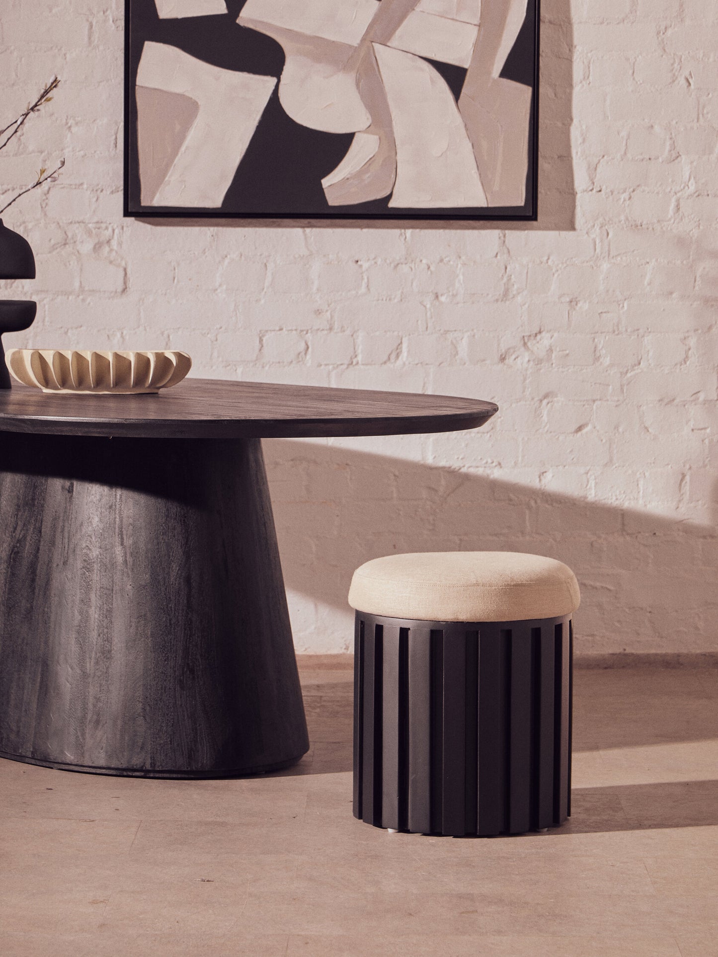 Napoli Black Finish Mango Wood and Cream Linen Low Stool