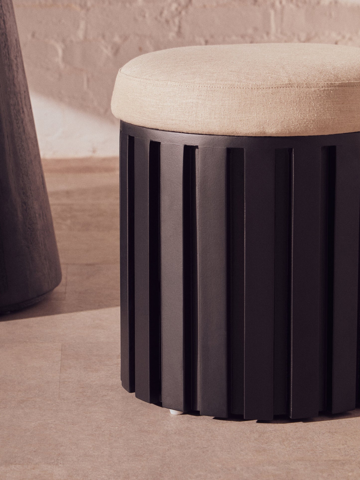 Napoli Black Finish Mango Wood and Cream Linen Low Stool