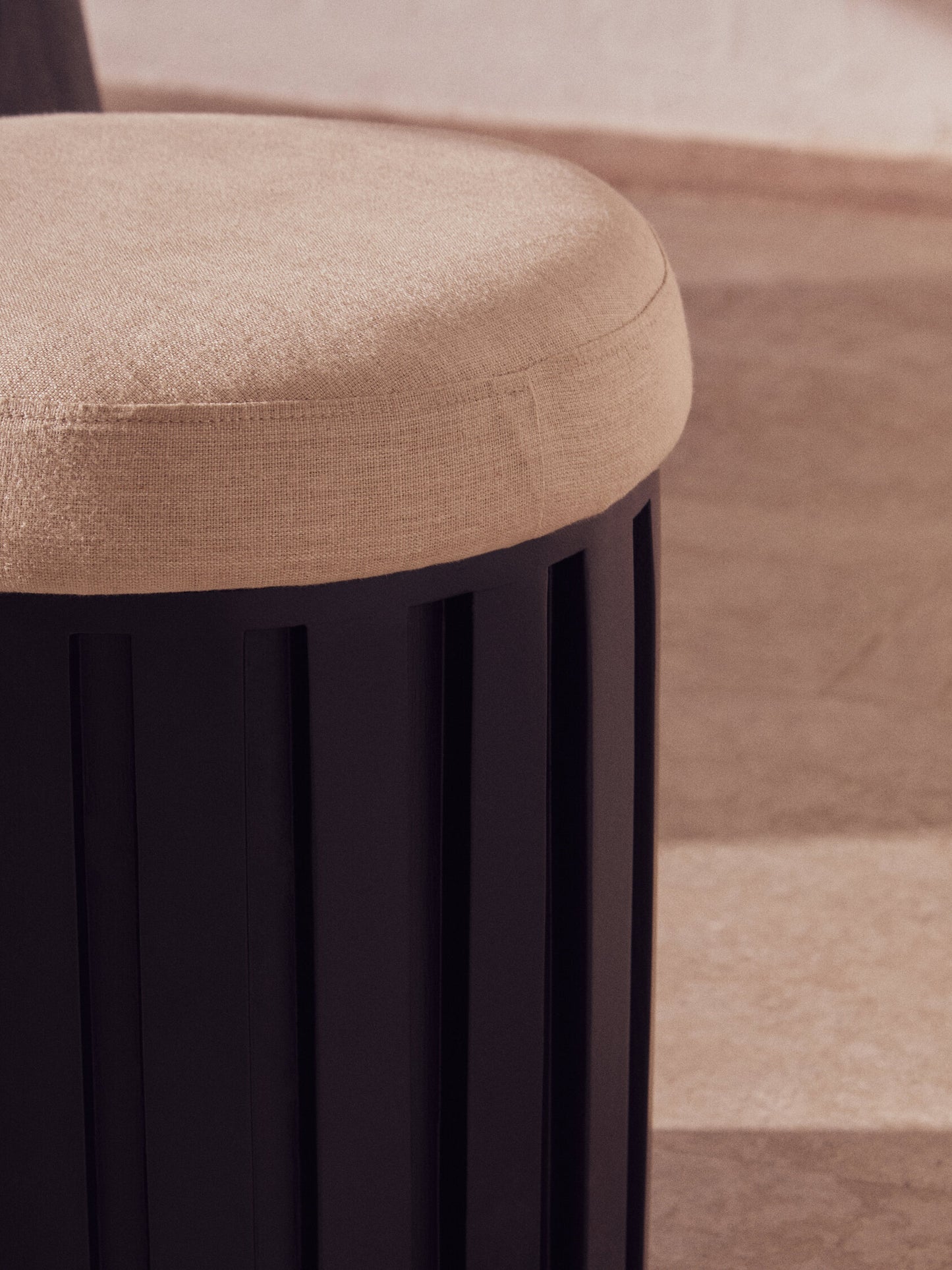 Napoli Black Finish Mango Wood and Cream Linen Low Stool