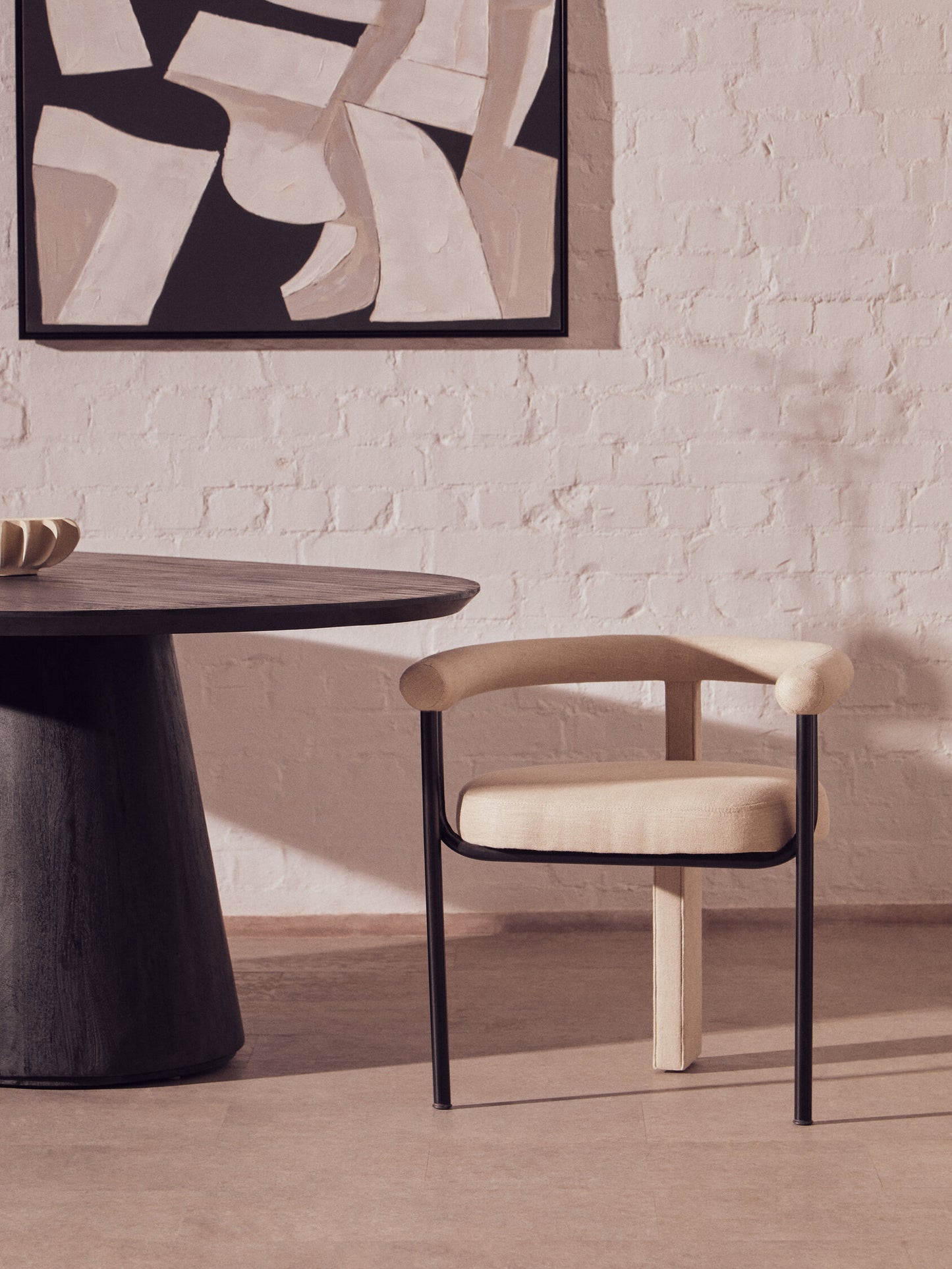 Napoli Cream Textured Linen Dining Chair with Black Metal Frame