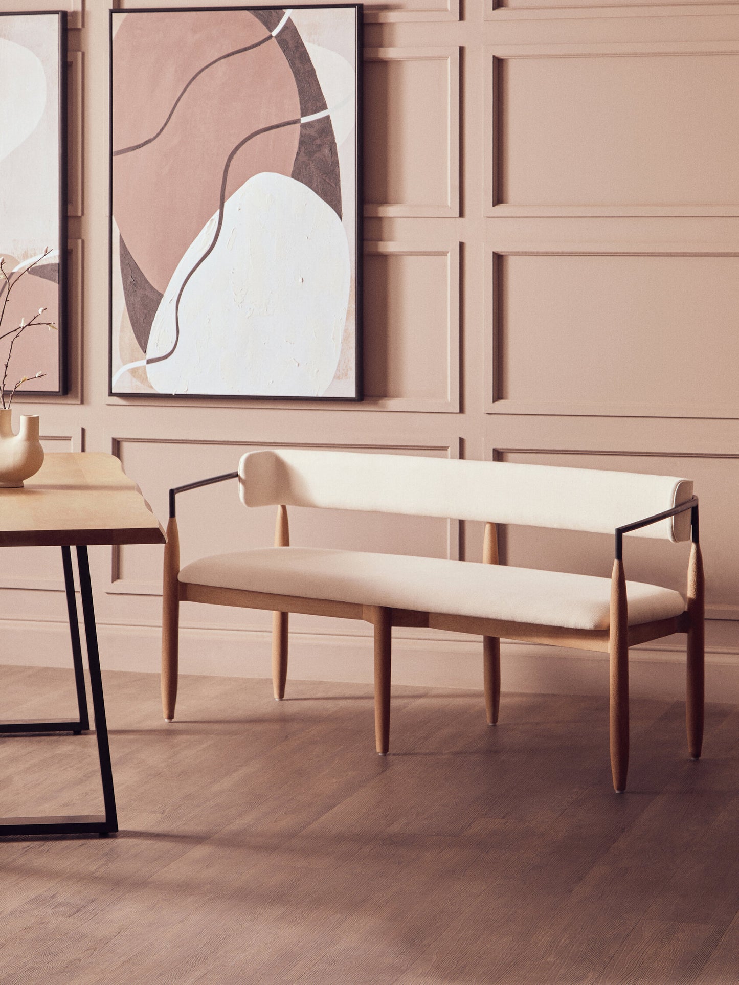 Milan Cream Textured Fabric Dining Bench with Wood Frame