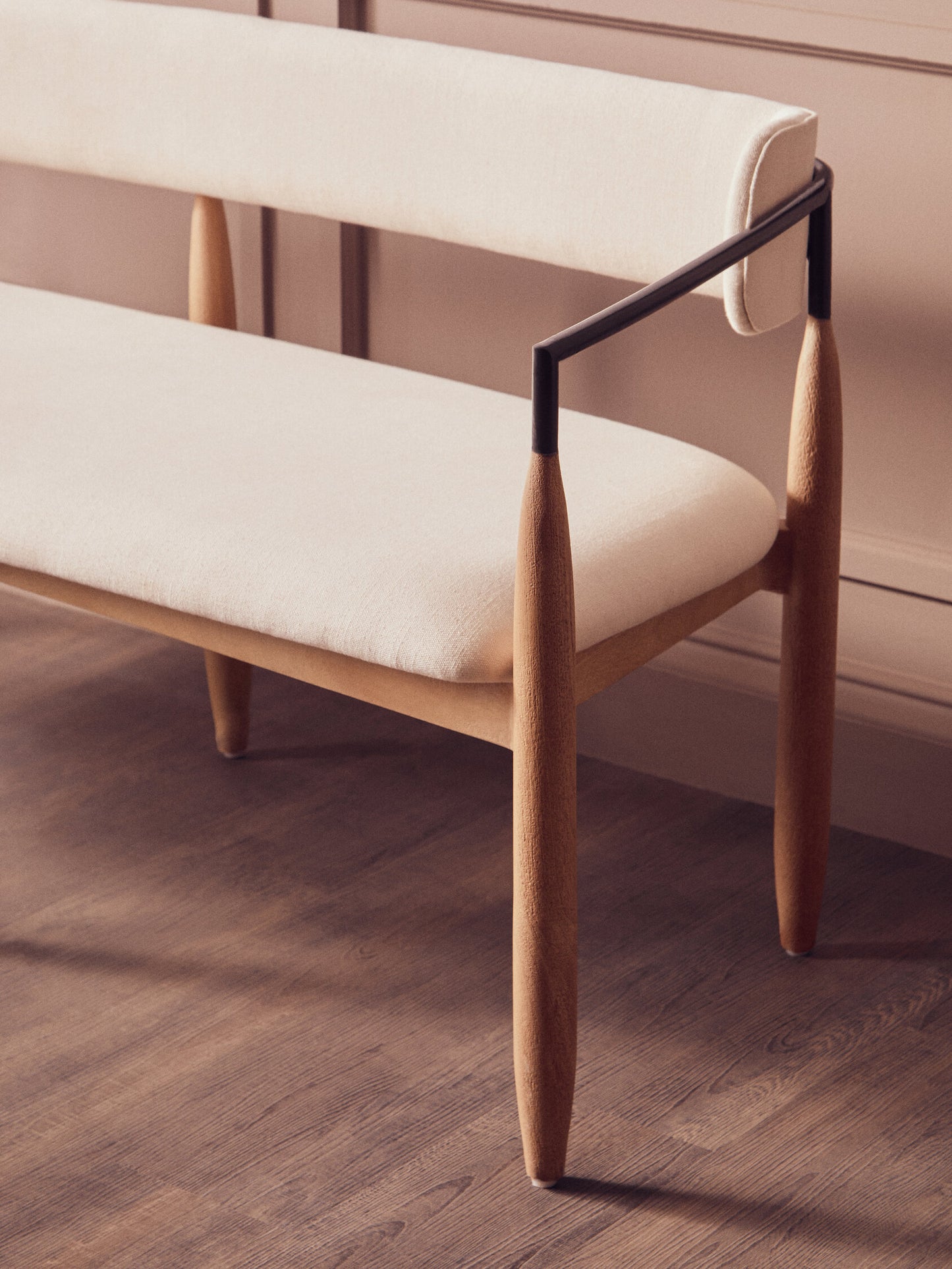 Milan Cream Textured Fabric Dining Bench with Wood Frame