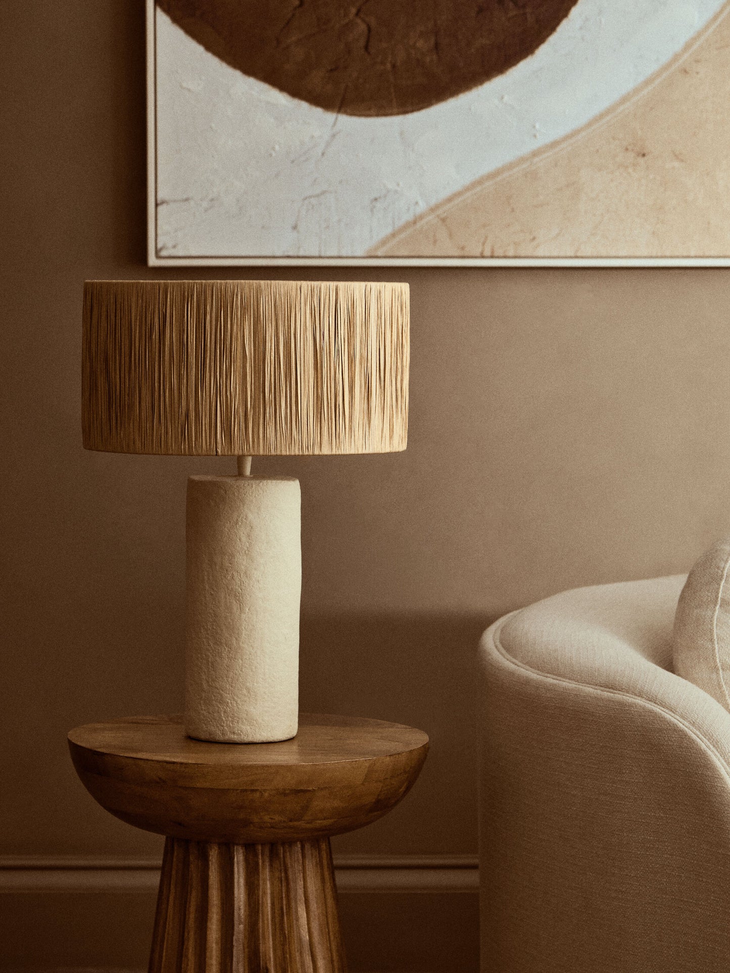 Mono Natural Papier Mache Table Lamp with Natural Raffia Shade