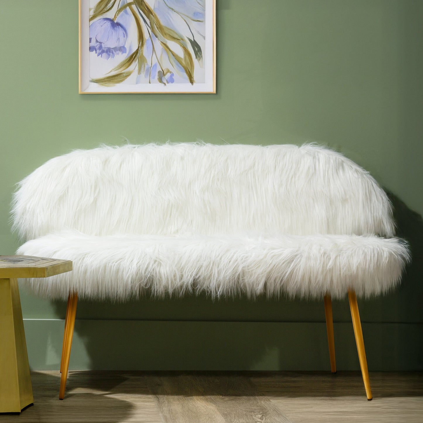 Angelina White Faux Fur 2 Seat Sofa With Gold Finish Legs