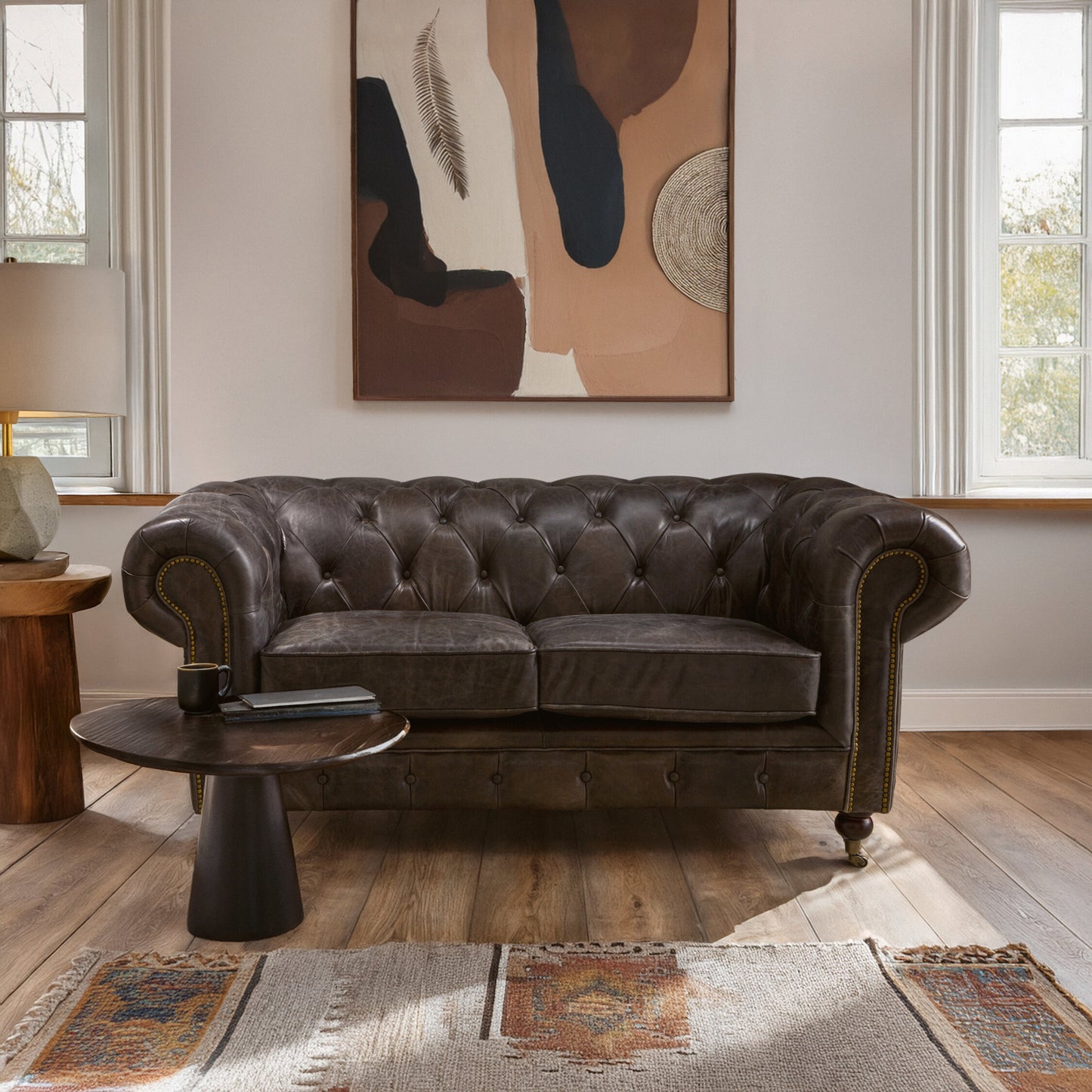 Speakeasy Dark Grey Brown Leather Chesterfield 2 Seat Sofa