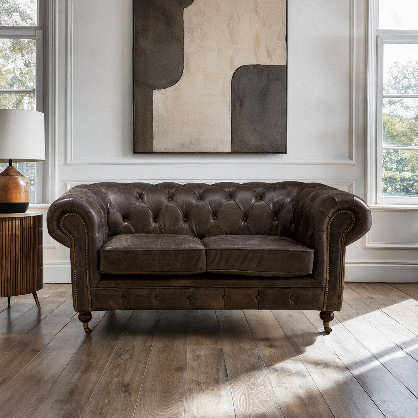 Speakeasy Dark Grey Brown Leather Chesterfield 2 Seat Sofa