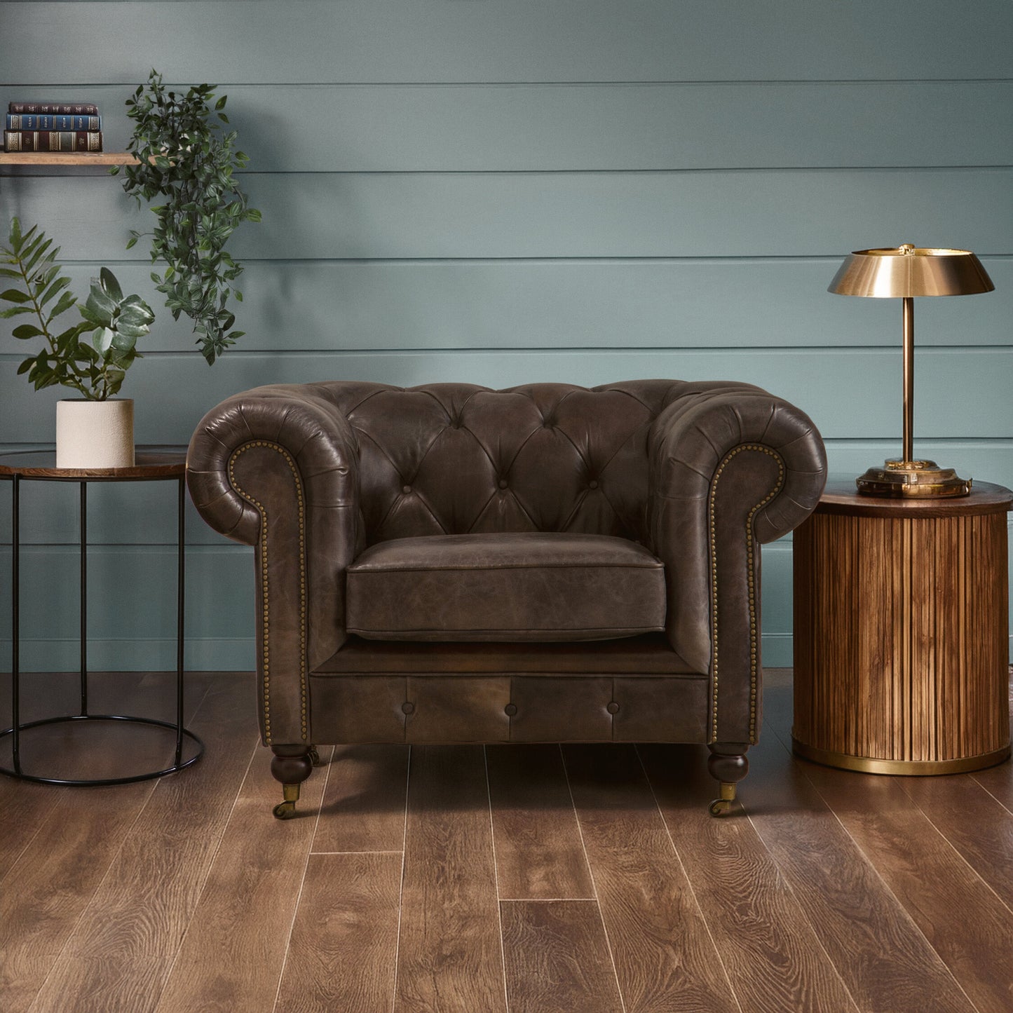 Speakeasy Dark Grey Brown Leather Chesterfield Armchair