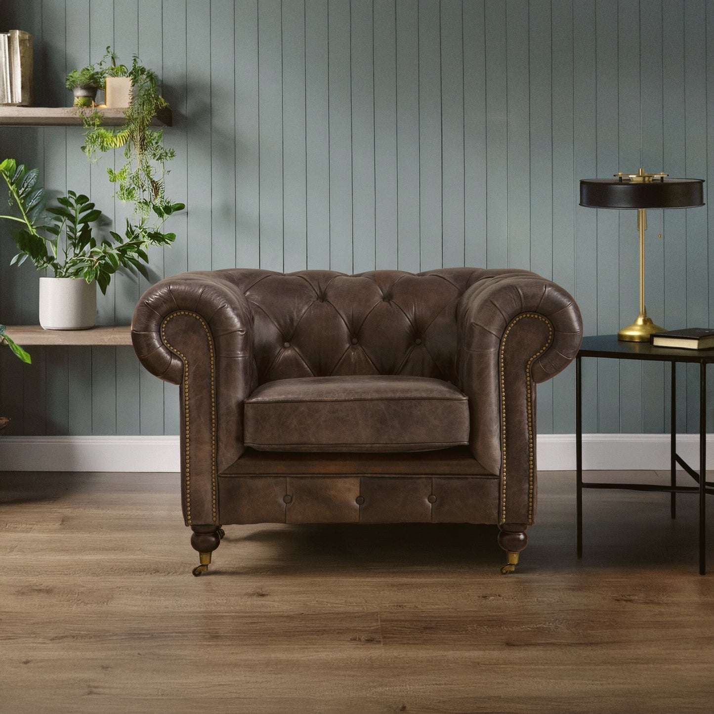 Speakeasy Dark Grey Brown Leather Chesterfield Armchair