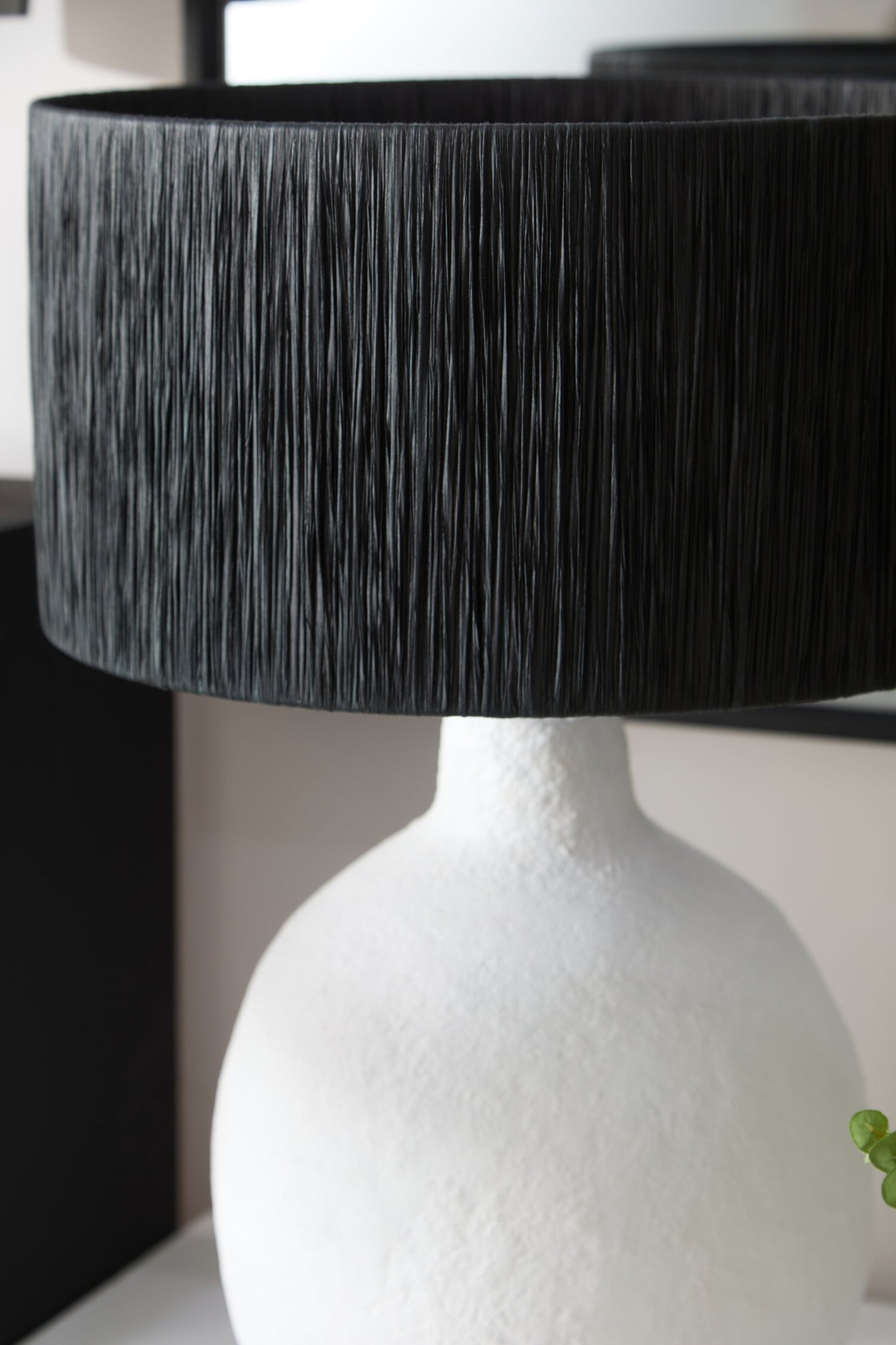 Mono White Papier Mache Table Lamp With Black Raffia Shade
