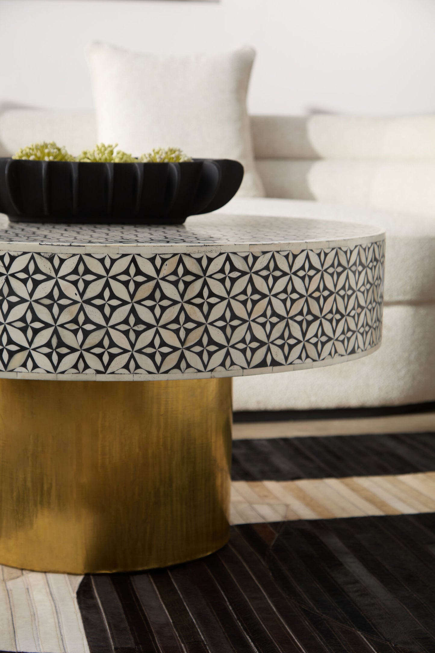 Lana Round Bone Inlay Coffee Table with Gold Base