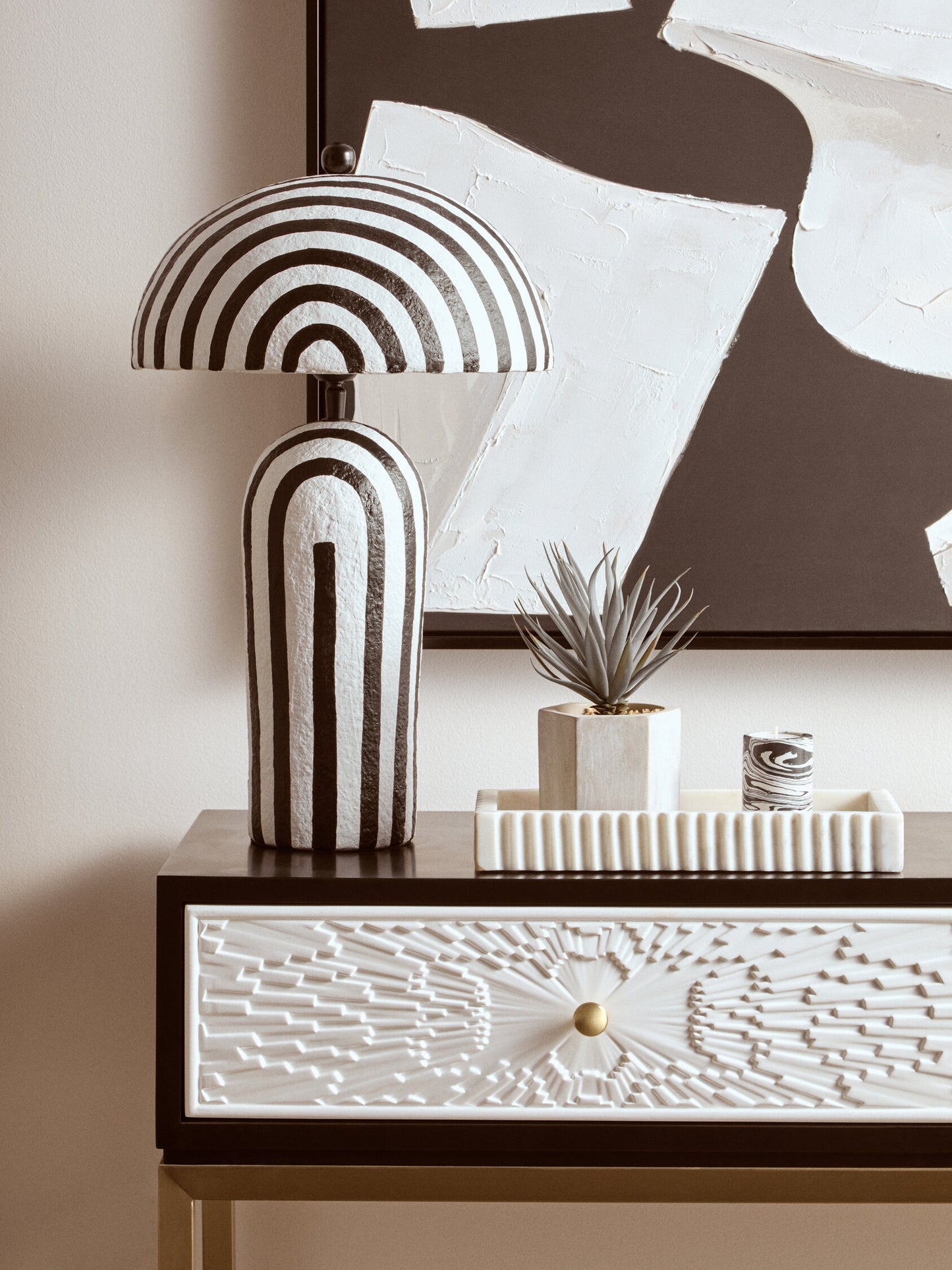Mono Black White Stripe Papier Mache Table Lamp