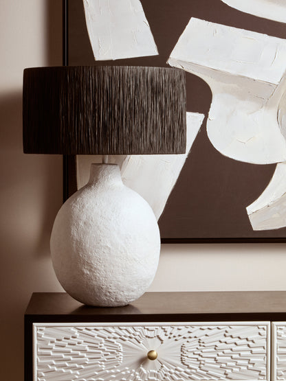 Mono White Papier Mache Table Lamp With Black Raffia Shade