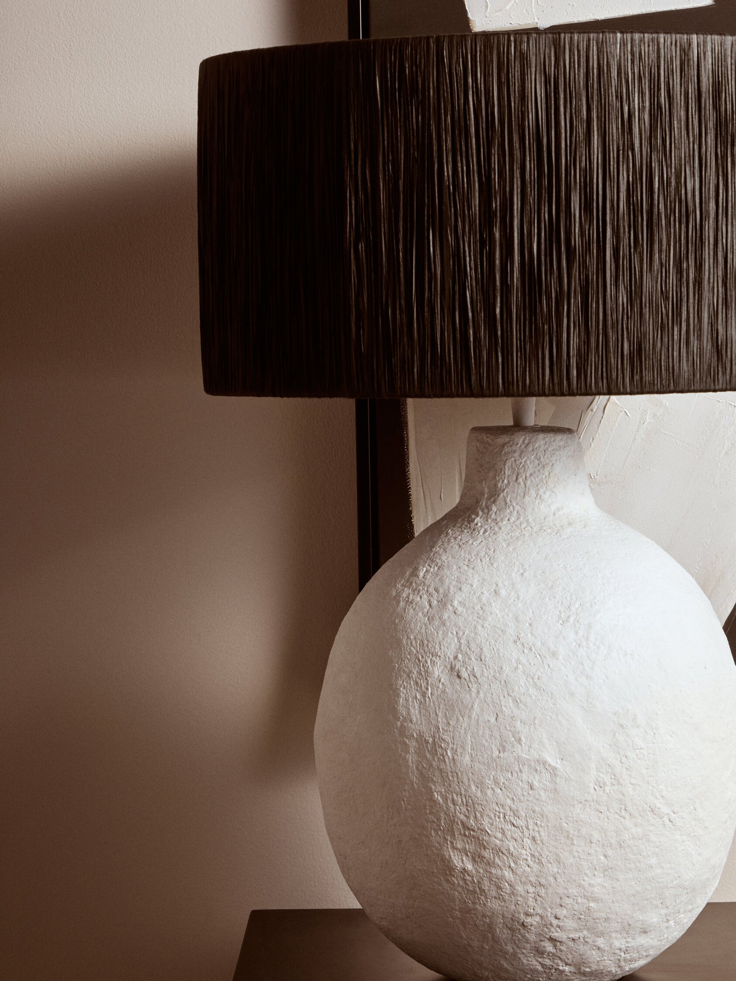 Mono White Papier Mache Table Lamp With Black Raffia Shade