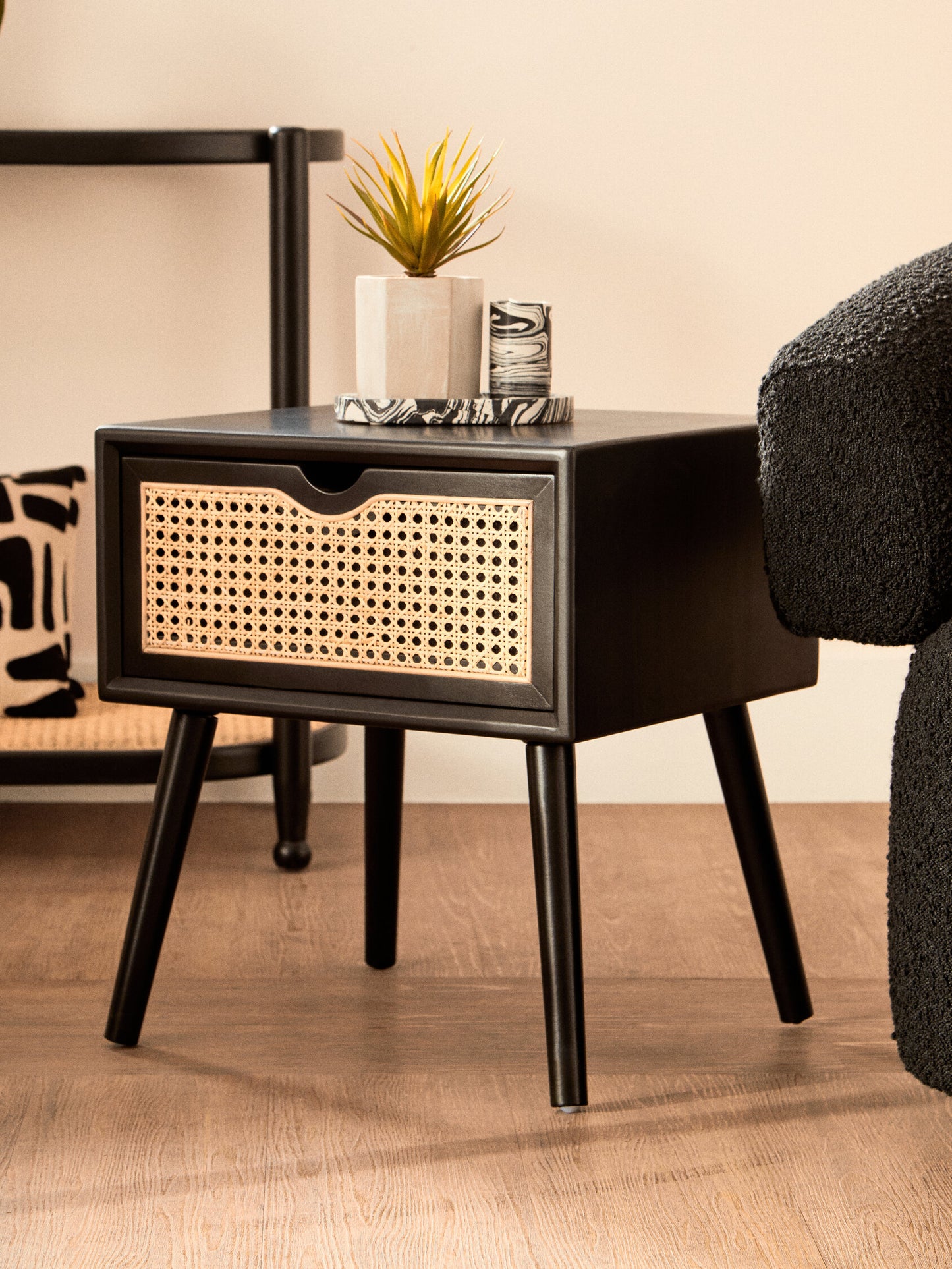Fiji Black Side Table with Rattan Drawer