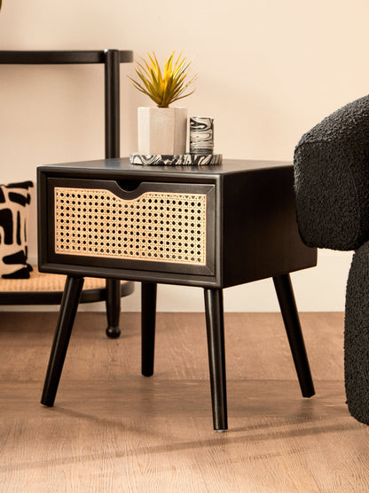 Fiji Black Side Table with Rattan Drawer