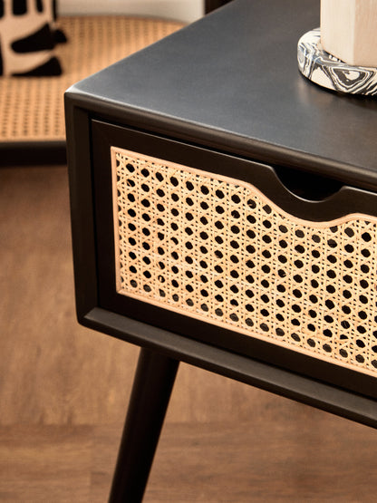 Fiji Black Side Table with Rattan Drawer