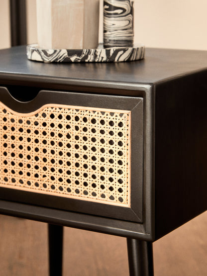 Fiji Black Side Table with Rattan Drawer