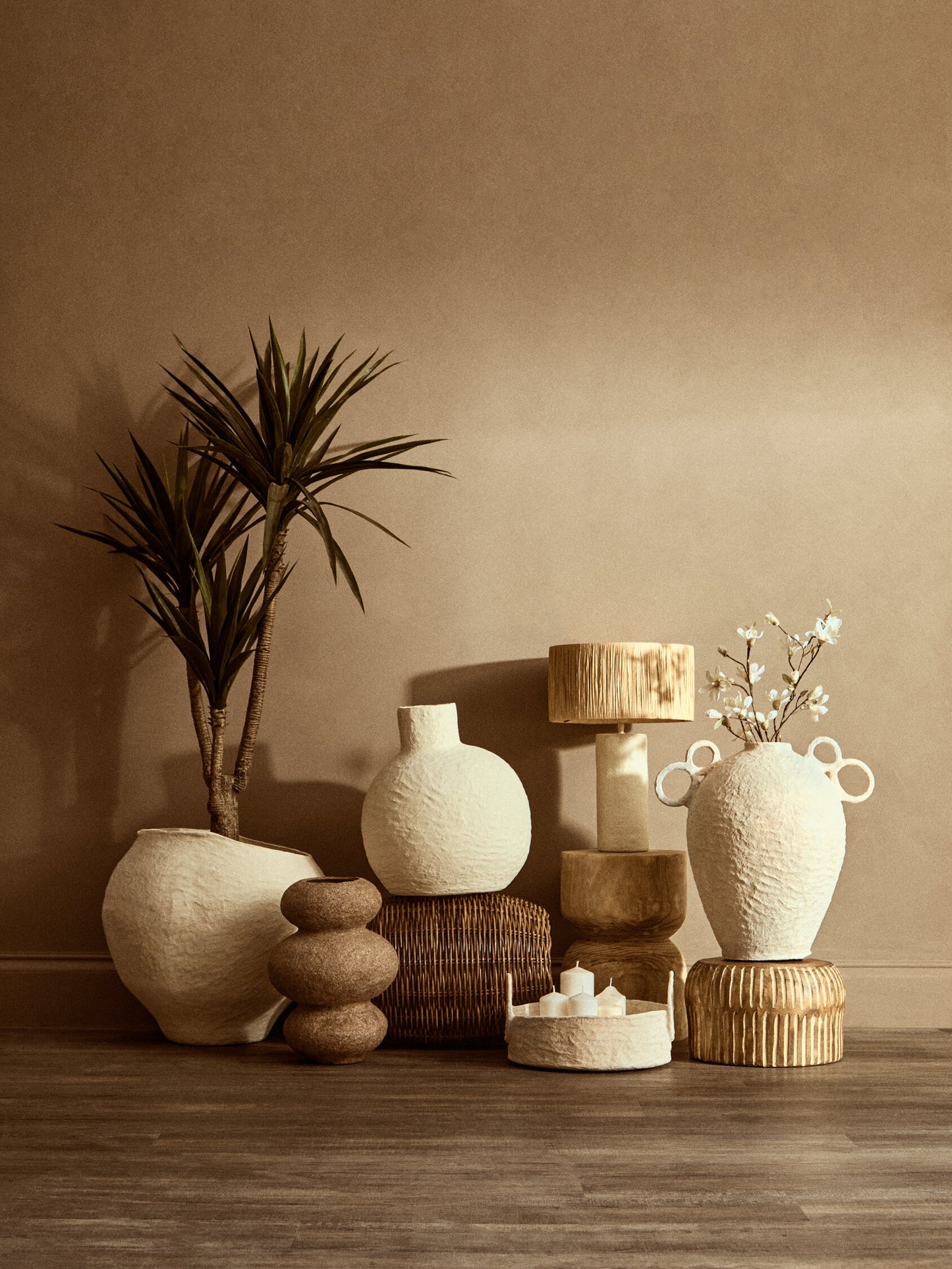 Mono Natural Papier Mache Table Lamp with Natural Raffia Shade