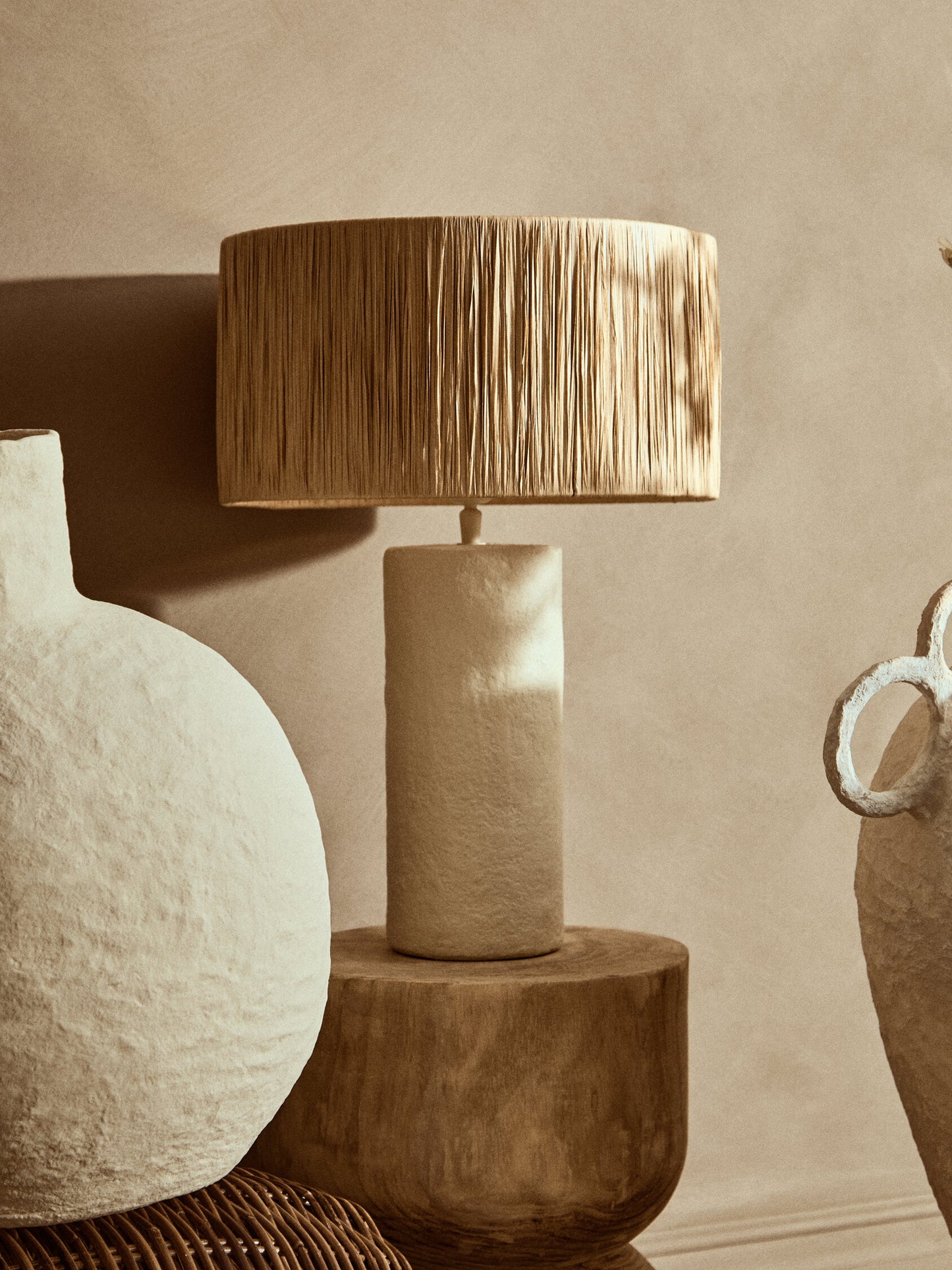 Mono Natural Papier Mache Table Lamp with Natural Raffia Shade