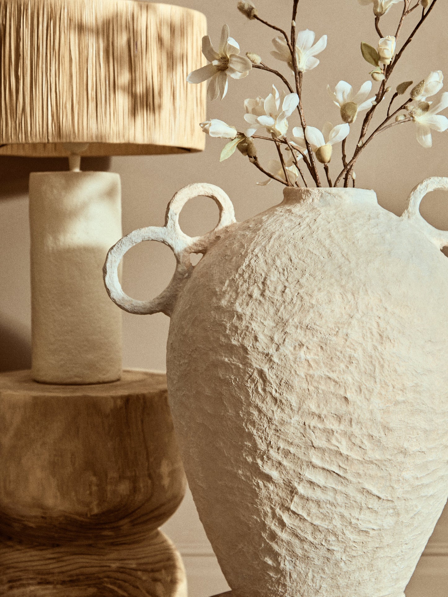Mono Natural Papier Mache Table Lamp with Natural Raffia Shade