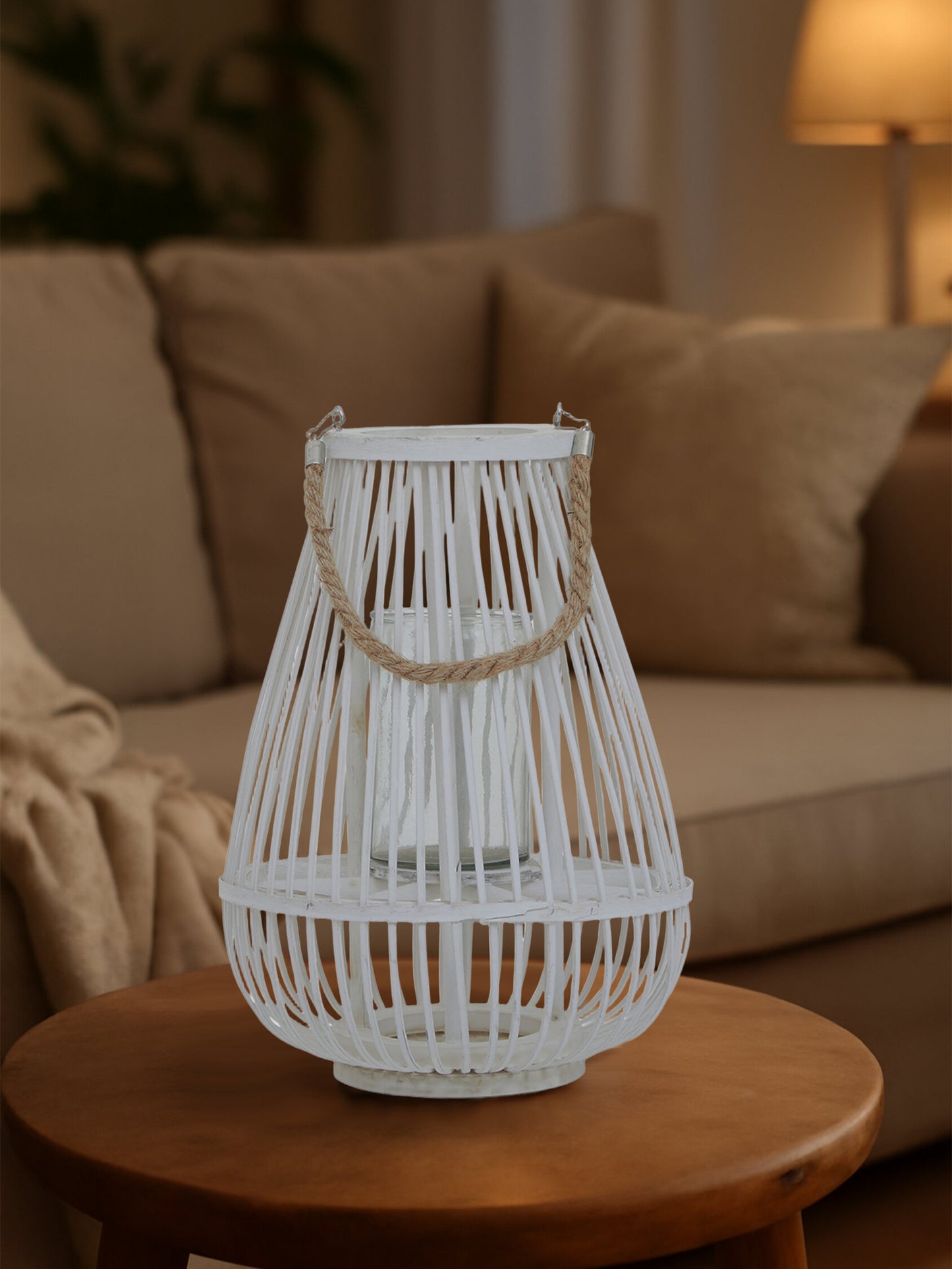 Seychelles Small White Bamboo Lantern Candle Holder